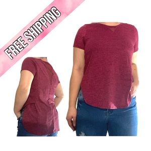 Danskin Now athletic shirt w/ dolphin hem and back mesh panel - burgundy